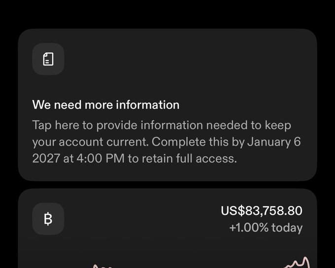 A mobile notification screen shows an exchange account alert reading "We need more information—Tap here to provide information needed to keep your account current. Complete this by January 6 2027 at 4:00 PM to retain full access," above a Bitcoin balance of US$83,758.80 (+1.00% today), illustrating the KYC requirements and ongoing data demands that are pushing the user to seek private, non-KYC methods for purchasing Bitcoin.