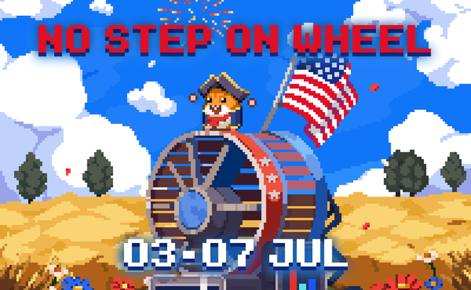 A pixel-art promotional image features a hamster dressed in a tricorn hat and colonial attire riding atop a large mechanical wheel, holding an American flag against a cloudy blue sky. Bold red text reads "NO STEP ON WHEEL" at the top, with the dates "03-07 JUL" displayed at the bottom, advertising a 4th of July celebration event where firecrackers unlock a "Liberty Wheel" miner.