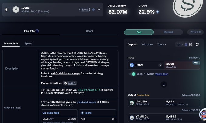 A DeFi dashboard screen displays 'aUSDx' pool info with AMM Liquidity of $2.07M, LP APY of 22.9%, and a USDC deposit transaction of 30,000.