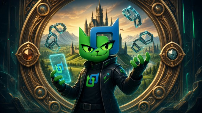 An illustrated green cat character in a futuristic black jacket holds a glowing card while floating green and blue cube-like tokens surround it, set against a fantasy castle landscape.