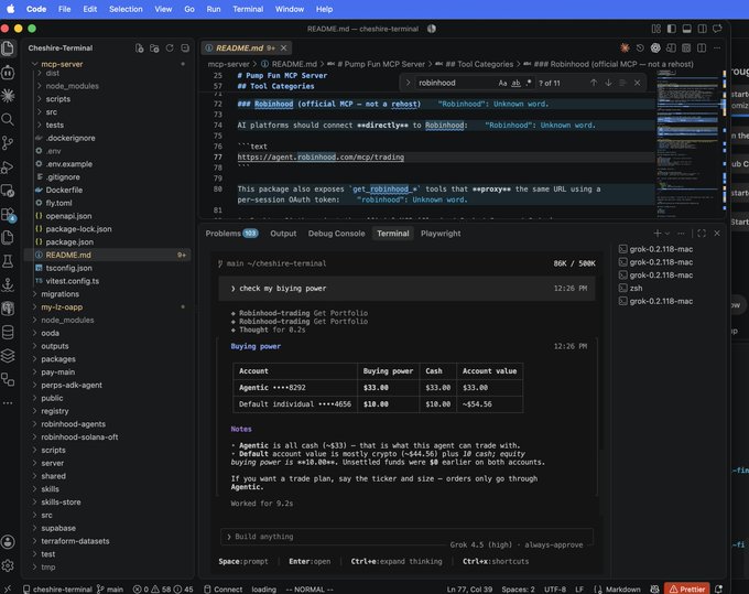 A screenshot of a code editor (VS Code) showing a file named 'README.md' about 'mcp-server' and 'robinhood', with a terminal below running a Grok AI agent that is checking buying power for a Robinhood account.