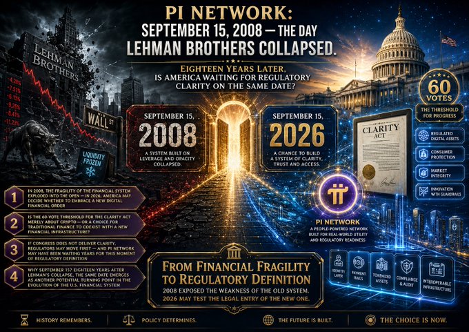 This image compares the collapse of Lehman Brothers on September 15, 2008, with a speculative turning point for regulatory clarity on September 15, 2026, featuring the Pi Network logo and U.S. Capitol building. The text highlights a potential shift in the financial system from fragility to regulatory definition.