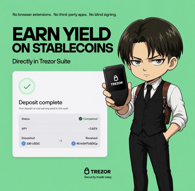 An advertisement featuring a chibi-style anime character holding a Trezor hardware wallet, with text "EARN YIELD ON STABLECOINS Directly in Trezor Suite" and a deposit confirmation showing ~3.82% APY.