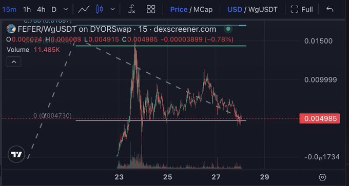 A Dexscreener chart shows FEFER/WgUSDT trading at $0.004985 (-0.78%) on DYORswap, with a dashed support line near $0.004730 that the price is currently testing—relevant to the post's concern about $fefer holding support to keep meme coin liquidity flowing from Solana degens.