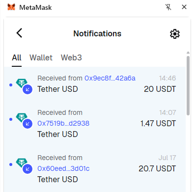 A MetaMask Notifications screen displays three recent incoming USDT transfers: 20 USDT from address 0x9ec8f...42a6a, 1.47 USDT from 0x7519b...d2938, and 20.7 USDT from 0x60eed...3d01c, reinforcing the post's celebration of accumulating multiple small Web3 payouts throughout July via EthraShip.