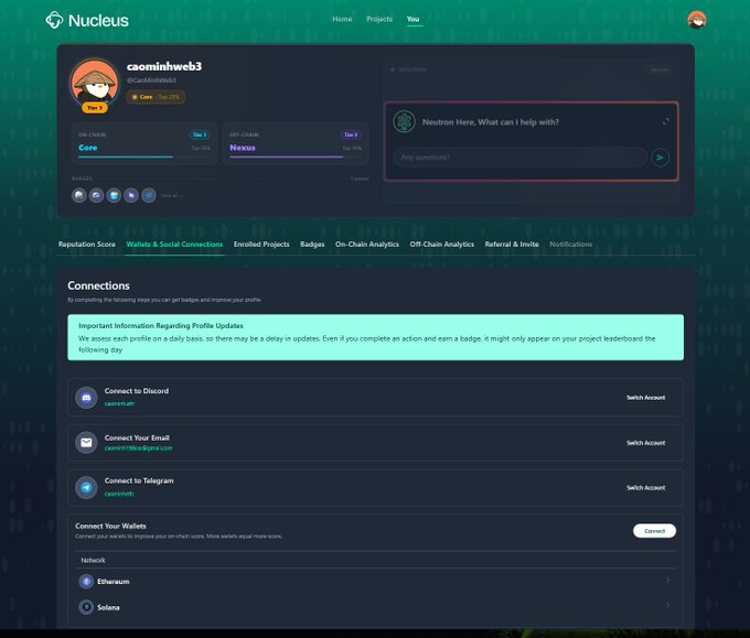 The image shows a screenshot from a messaging app called "@NucleusCodes". There are multiple social media platforms represented, with one being "@Nuclearos" and another being "@HackerWuzzles5". The main focus of the image is a conversation between two people who seem to be discussing their profiles. 

In addition to these users, there are other users present in the message, sharing various information such as their email address and social media profile ID. There's also a post in the image that appears to be a warning or advice for users of this messaging app, suggesting they should use connections properly to avoid vanity pages and potentially harmful interactions.