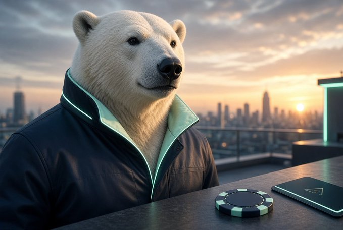 An anthropomorphic polar bear wearing a dark jacket with a glowing collar sits at a table with a smartphone and poker chips, overlooking a cityscape at sunset.