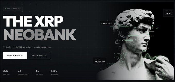 Promotional banner for 'THE XRP NEOBANK' offering 22% APY on idle XRP with on-chain custody and no lock-up, featuring a digital statue head with 'XPL' and a 22.0% yield indicator.