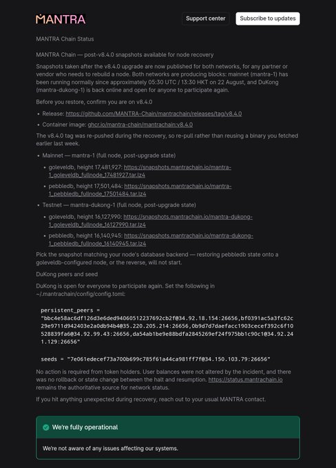 A MANTRA support center screenshot details the MANTRA Chain status post v8.4.0 upgrade, providing snapshot recovery information for mainnet and testnet, with green text confirming 'We're fully operational.'