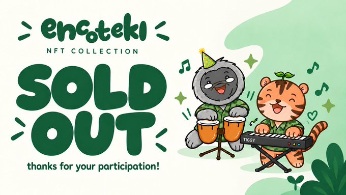 A promotional graphic for 'Engoteki NFT Collection' declares 'SOLD OUT! thanks for your participation!' alongside cartoon mascots including a sloth playing bongo drums and a tiger playing a keyboard.
