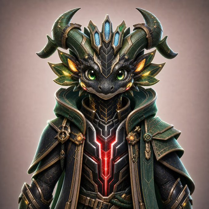 A detailed digital illustration of an armored dragon character with green-glowing eyes, curved horns, and a red-lit chest plate, featuring no visible text. The fantasy imagery doesn't directly relate to the post's message about providing liquidity for stocks on Robinhood via Fables.fi and Stockmon.