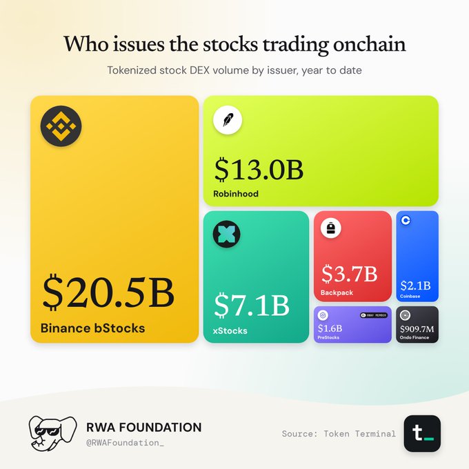 Image 6: A treemap infographic titled 'Who issues the stocks trading onchain' from RWA Foundation showing tokenized stock DEX volumes led by Binance bStocks ($20.5B), Robinhood ($13.0B), and xStocks ($7.1B).