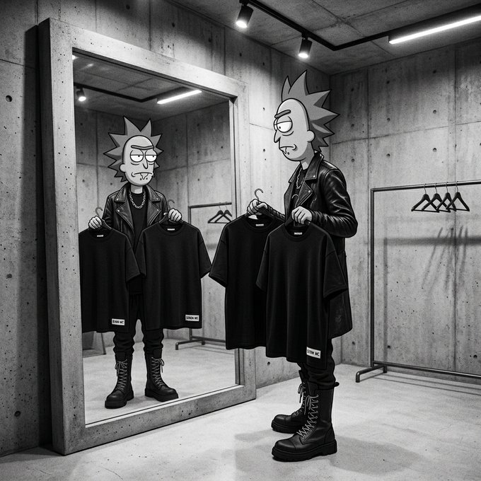 A black-and-white manga-style illustration of Rick Sanchez looking into a mirror while holding black t-shirts on hangers in a concrete room.