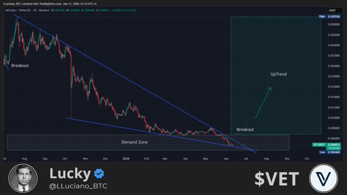 The image presents a line graph showing a downward trend in stock prices over time for Bitcoin. There are two persons visible in the image – one is located at the top left corner, while the other is situated near the bottom right corner. A caption below the chart identifies the Twitter account as "Lucky", and the name of the cryptocurrency being showcased is "Bitcoin". The post also mentions the price of Bitcoin as "$VET" on a related social media platform called "#bitcoinchat".