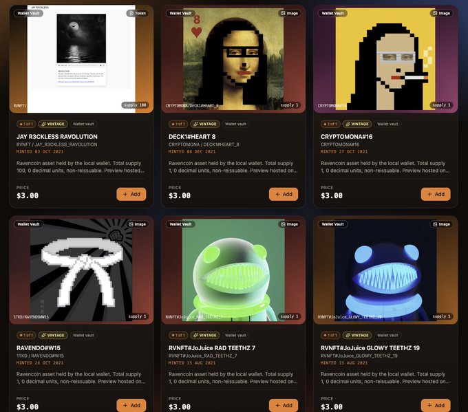 A NFT marketplace shows a grid of 'JAY R3CKLESS RAVOLUTION', 'DECK1HEART 8', and other digital art pieces (Crypto Mona, Raven Dor #16) listed by RVNFT and JAY_R3CKLESS_RAVOLUTION for $3.00 each.