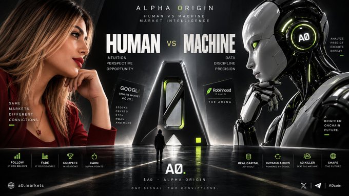 Promotional banner for Alpha Origin (AO) featuring a "Human vs Machine" themed design with a woman on the left and an AI robot labeled "AO" on the right, advertising its onchain market intelligence experiment on Robinhood Chain with GOOGL as Market #0001, highlighting features like "Follow if you agree," "Fade if you disagree," and "Compete in a round."