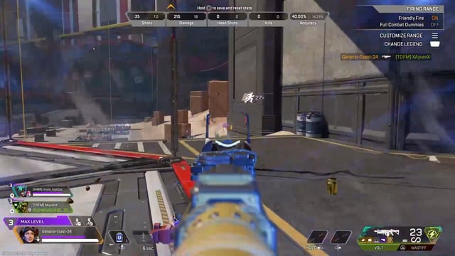 First-person shooter gameplay screenshot from Apex Legends showing a Volt SMG weapon in a training area with HUD elements visible.