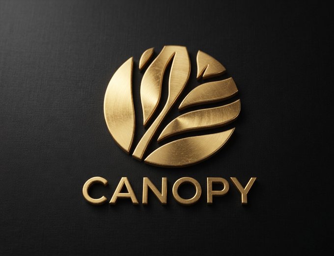 The image displays a metallic gold logo featuring a stylized leaf or feather design within a circular frame, set against a black textured background, with the word "CANOPY" rendered in bold gold lettering beneath it. This visual branding aligns with the post introducing Canopy (@CNPYNetwork) as a web3 infrastructure platform designed for the AI era, with the elegant golden emblem conveying a sense of premium, polished quality that matches the project's positioning as an integrated solution for AI developers.