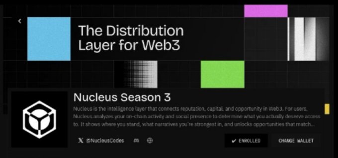 A digital graphic titled "The Distribution Layer for Web3" and "Nucleus Season 3", featuring the text "Nucleus is the intelligence layer that connects reputation, capital, and opportunity in Web3" and the handle "@NucleusCodes" with "ENROLLED" and "CHANGE WALLET" buttons.