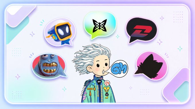 The image features a cartoon character with white hair, wearing a blue jacket and holding a microphone. The character appears to be talking into a microphone or speaking into an open mouth. The background of the image consists of various speech bubbles containing different text elements such as "@just_t00ns", "@OriginalBlokyz", "@quipnetwork", "@Racerz_eth", and "@ODDCATSdotCOM". These speech bubbles are arranged in a visually appealing manner, with some overlapping each other. The overall design suggests that the image is related to a post or social media account promoting various projects or ideas.