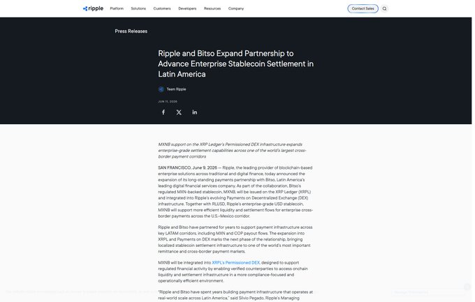 A press release page from Ripple announcing the expansion of its partnership with Bitso to support MXNB, a peso-backed stablecoin, on the XRP Ledger for enterprise stablecoin settlement in Latin America, dated June 9, 2026.