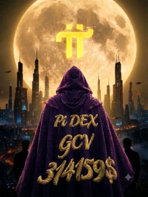 A hooded figure draped in a purple cloak stands before a futuristic cityscape and glowing full moon, with the Pi symbol hovering above and the gold lettering "Pi DEX, GCV 314159" displayed on the cloak. The mystical imagery visually reinforces the post's teaser about the imminent #PiDEX launch and the Pi Network community's emphasis on the Global Consensus Value (GCV) of 314,159.