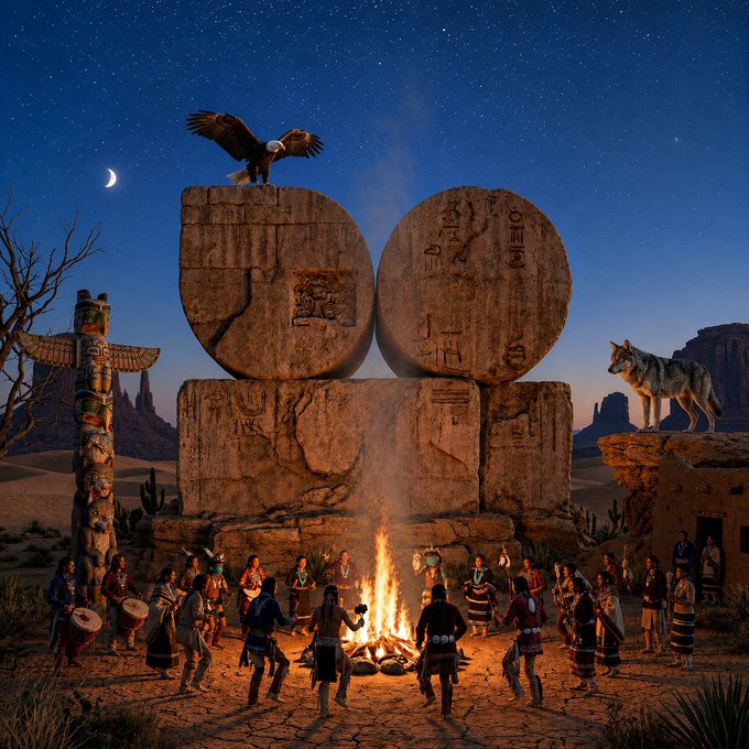 A fantasy scene depicting a Native American-style ceremony around a bonfire, with people in traditional dress dancing and playing drums. An eagle perches atop large stone carvings, while a wolf stands on a rock formation, all set under a starry night sky with a crescent moon.