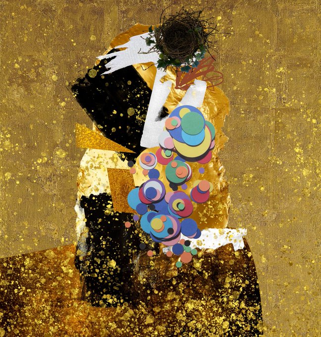 An abstract mixed-media artwork featuring a bird's nest at the top, layered with gold textures, colorful circles in various sizes, and dark silhouettes against a gold-speckled background.