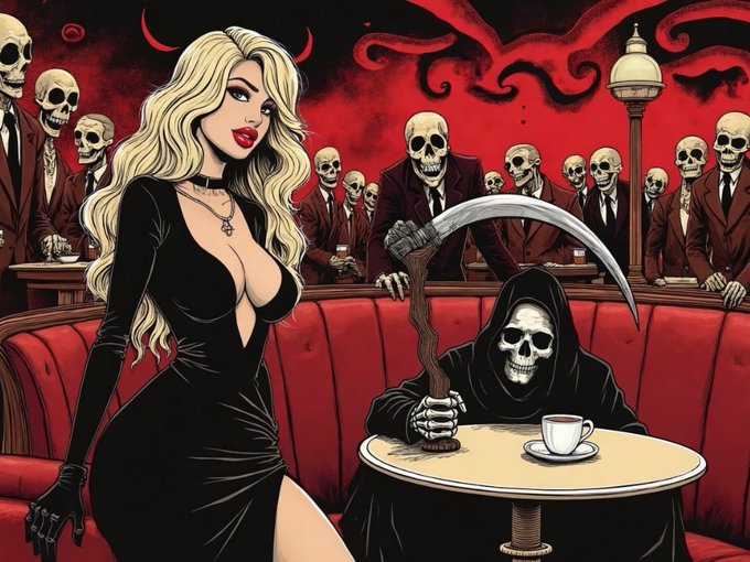 Stylized dark illustration depicting a blonde woman in a black dress alongside a hooded grim reaper figure at a cafe table with a coffee cup, surrounded by skeletons in red suits, set against a red background.
