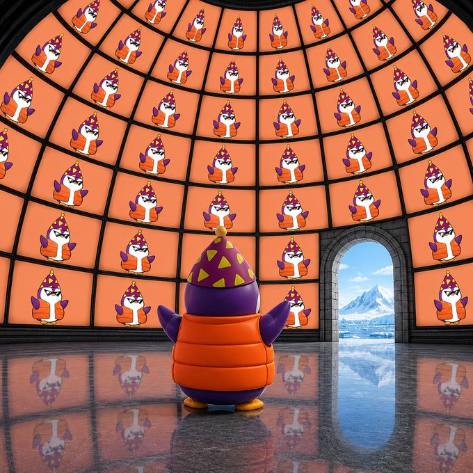 The image features a penguin figurine standing in front of a large screen displaying an orange background, which appears to be a Christmas display or a festive scene. The penguin is wearing an orange vest and hat with a yellow star on its head. The text "Started with one Lil Pudgy... now they own my timeline" suggests that the image was taken by someone who started with just one penguin figurine, and it has grown into a collection of similar penguin statues or even a larger display featuring multiple penguins.
