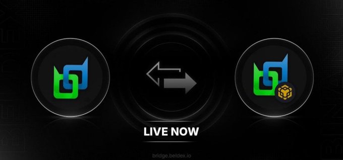 A dark promotional graphic shows two circular icons with a bridging exchange arrow between them and the text 'LIVE NOW' above 'bridge.beldex.io'.