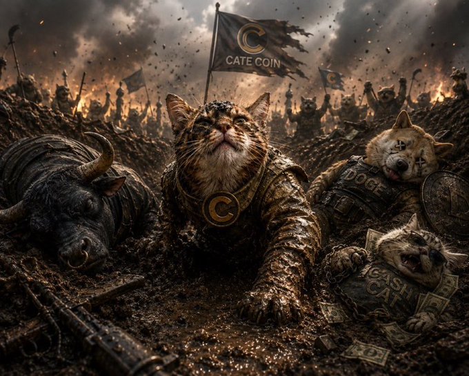 A muddy battlefield scene features a triumphant cat wearing a "C" medallion, raising a "CATE COIN" banner amid fallen combatants labeled "DOGE" and "CASH CAT," symbolizing CATECOIN's victorious conquest over its rivals in the crypto war.