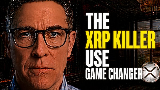 A YouTube-style thumbnail features a close-up of a serious-looking man wearing black-rimmed glasses on the left, with bold yellow and white text on the right reading "THE XRP KILLER USE GAME CHANGER" alongside the XRP logo, visually reinforcing the post's claim about a potential game-changing use case and supply shock for the XRP cryptocurrency.