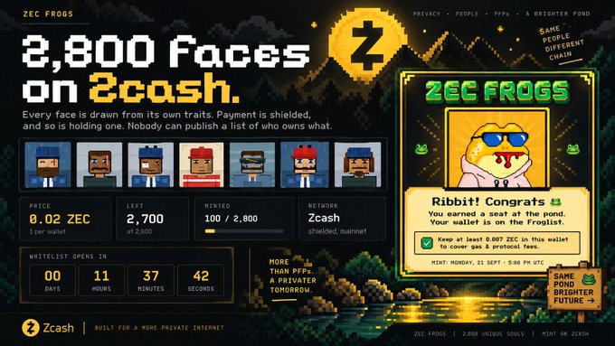A pixel-art promotional banner for "ZEC FROGS" advertises 2,800 unique NFT faces on the Zcash shielded network, priced at 0.02 ZEC each, with 100 already minted of 2,800. The post references the whitelist opening on September 21 at 9 PM Beijing Time, matching the countdown timer shown, and the congratulatory "Ribbit! Congrats" seat confirmation card on the right side of the image.