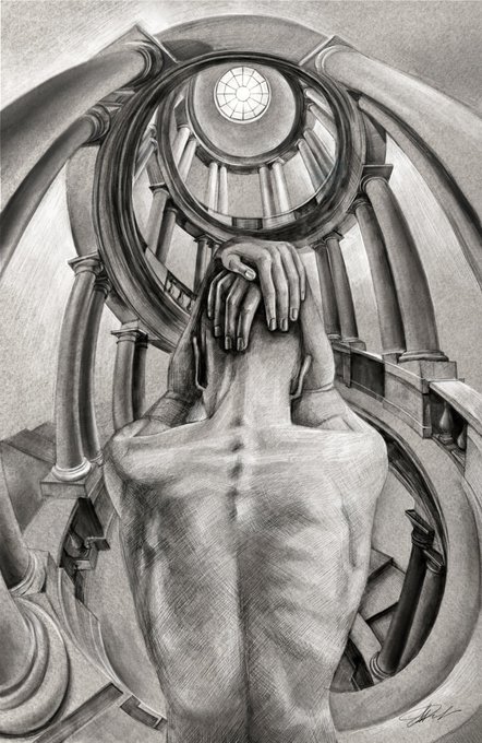 A detailed pencil drawing showing a nude figure from behind within an Escher-style spiral staircase, featuring impossible architectural geometry.