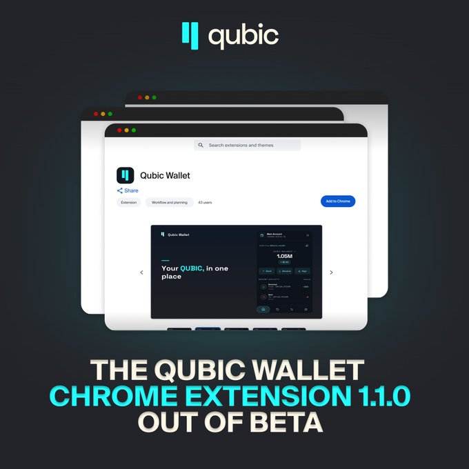 The image features three computer screens displaying information about Qubic Wallet Chrome Extension, which has already graduated from beta and is ready for release as a one-click solution. The extension, developed by Qubic, offers users access to their digital currency (Qubic) with Chrome browser. With an estimated 3 billion Chromium users around the world, this app provides a convenient way to manage your finances on the go without the need for an online browser or other applications. Qubic Wallet is ready to be deployed as soon as it reaches its full functionality and quality control standards have been met.
