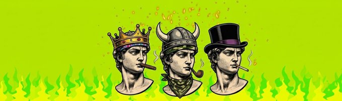 An illustration of three classical male busts wearing a jeweled crown, a horned helmet, and a top hat respectively, each smoking a cigar against a green flame background.