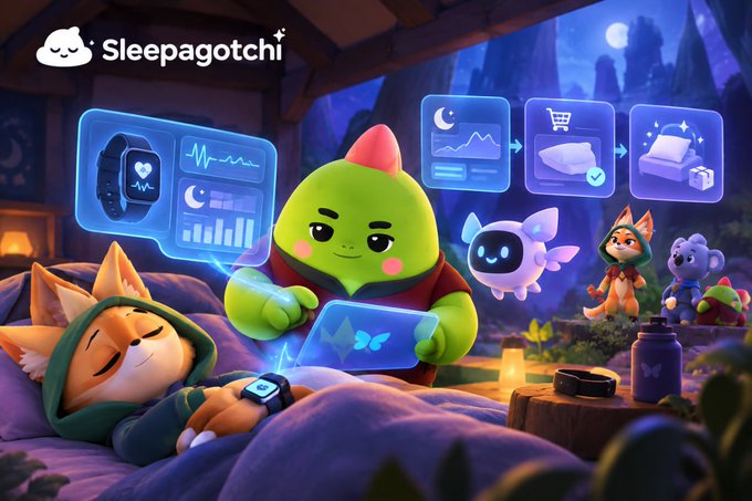 Promotional art for 'Sleepagotchi' features a green character tending to a sleeping fox, surrounded by floating UI screens and other small creatures in a nighttime forest setting.