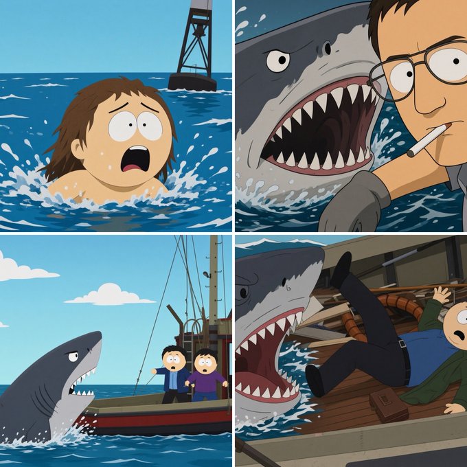 A four-panel cartoon in the style of South Park showing characters in various perilous encounters with a great white shark, including scenes of a woman in the water, a man being chased, characters on a fishing boat, and a man being attacked.