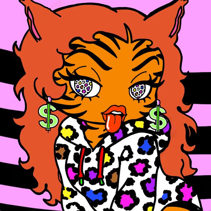 Vibrant cartoon illustration of an orange cat with large glittery eyes, dollar sign earrings, and a leopard-print hoodie, sticking out its tongue against a pink and black striped background.