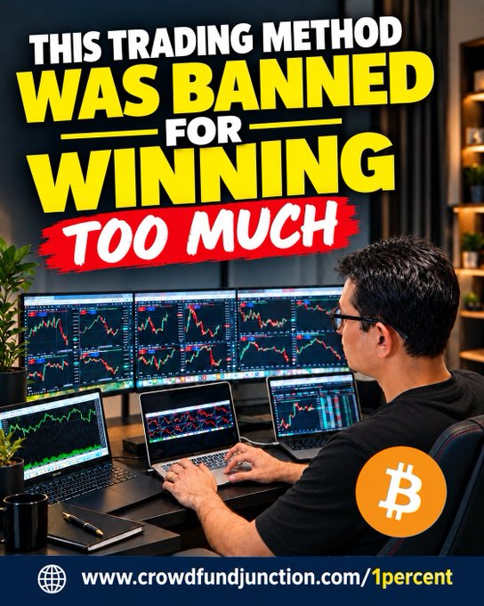 A YouTube-style thumbnail showing a man with glasses working on multiple monitors displaying trading charts, with bold yellow text reading 'THIS TRADING METHOD WAS BANNED FOR WINNING TOO MUCH' and a Bitcoin logo, with the URL www.crowdfundjunction.com/1percent.