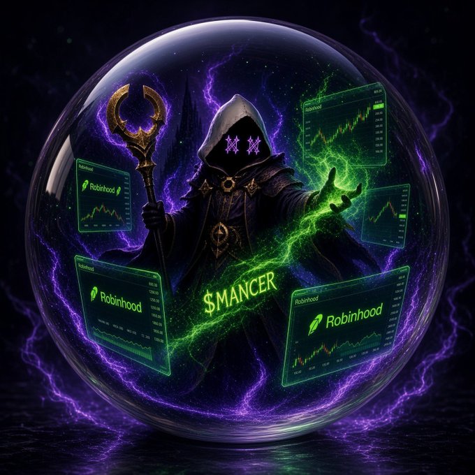 Fantasy digital artwork showing a hooded figure with glowing 'XX' eyes holding a staff inside a crystal ball, surrounded by green Robinhood stock charts and purple/green magical energy, with text '$MANCER'.