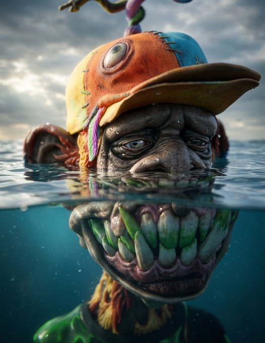 A grotesque Bored Ape NFT character wearing a colorful patched cap is partially submerged in water, revealing a menacing, sharp-toothed grin below the surface. The surreal split-level composition captures the ape's unsettling transformation, aligning with the "Depths of Cool" prompt shared by @DG0DNFT and @BoredApeYC.