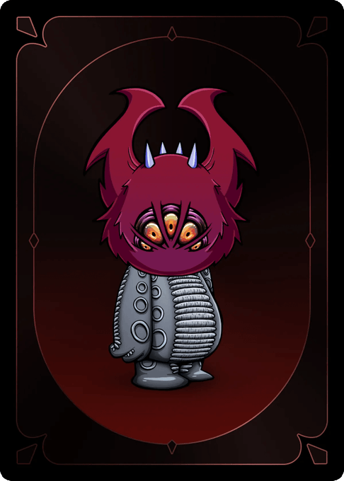 A digital artwork card depicts a red-haired, three-eyed creature with curved horns, wearing a gray patterned robe against a dark red background.