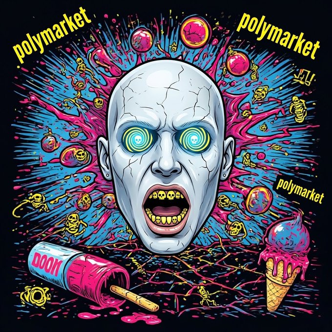 A colorful, chaotic illustration featuring a screaming cracked-faced figure with glowing spiral eyes, an ice cream cone, and the word "polymarket" repeated across the image.