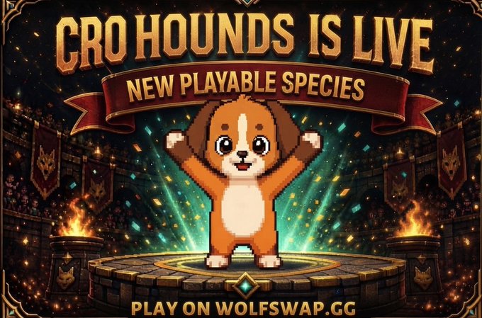 A promotional graphic announces 'CRO HOUNDS IS LIVE' with a 'NEW PLAYABLE SPECIES' banner, featuring a pixel-art brown dog character standing triumphantly on a circular platform, with the call-to-action 'PLAY ON WOLFSWAP.CG' at the bottom.