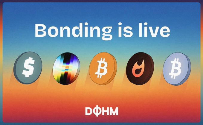 A DΦHM promotional banner reading 'Bonding is live' displaying five cryptocurrency coin icons including USDC, Solana, Bitcoin, and others against an orange and blue gradient background.