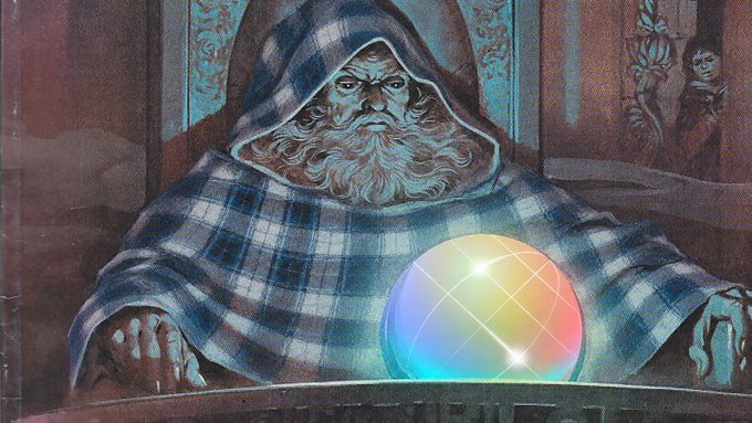 An illustration depicts a hooded, bearded figure wrapped in a blue plaid cloak, sitting before a glowing, iridescent crystal orb, reminiscent of a fortune teller or wizard.