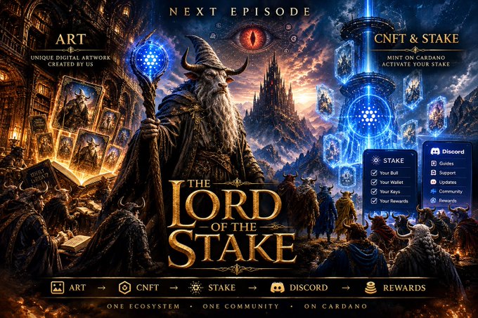 Promotional graphic for 'The Lord of the Stake' featuring a wizard and fantasy artwork, advertising a Cardano ecosystem project with sections for ART, CNFT, STAKE, DISCORD, and REWARDS, including text 'NEXT EPISODE', 'CNFT & STAKE', and 'ONE ECOSYSTEM • ONE COMMUNITY • ON CARDANO'.