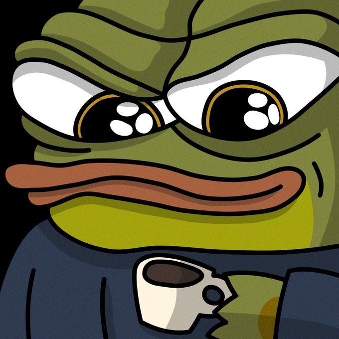 A cartoon illustration of a sad-looking green Pepe the Frog character with large glossy eyes, drooping eyelids, and a prominent brown mouth.